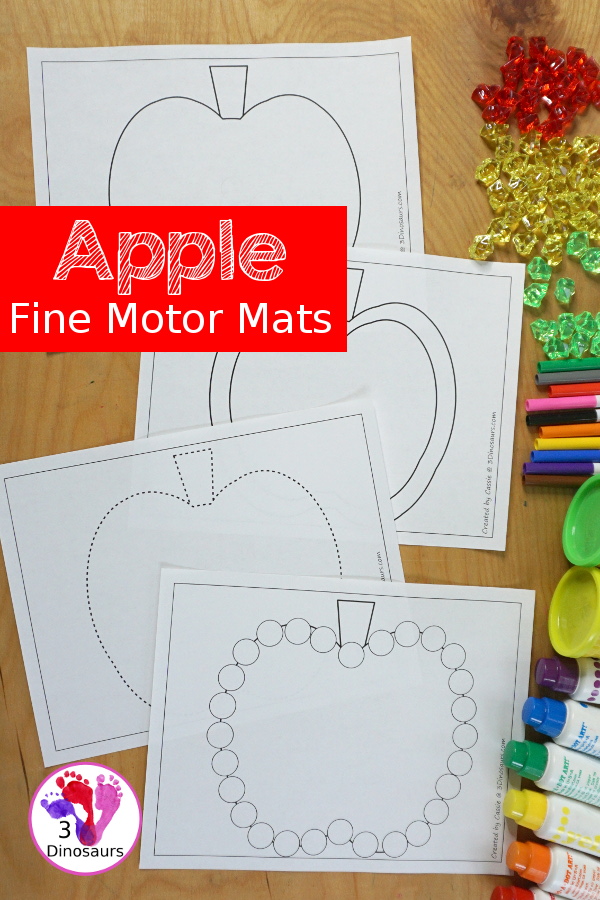 Free Apple Fine Motor Mat Printable - with 4 different apple mats for you to use with kids with an apple template, apple tracing, apple dot marker and apple dot marker printable - 3Dinosaurs.com