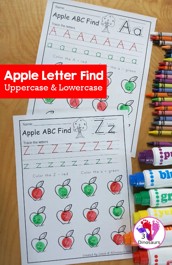 Easy No-Prep Apple ABC Find:  Uppercase & Lowercase - easy no-prep printables with a fun apple theme 26 pages with uppercase and lowercase together - 3Dinosaurs.com