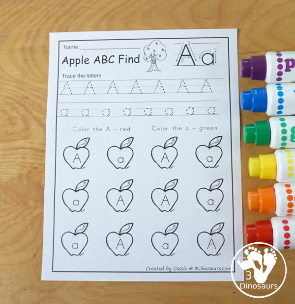 Easy No-Prep Apple ABC Find:  Uppercase & Lowercase - easy no-prep printables with a fun apple theme 26 pages with uppercase and lowercase together - 3Dinosaurs.com