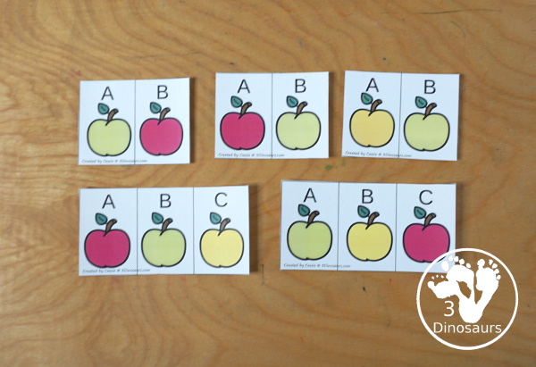 Free Apple Pattern Printable - a great way to work on patterns for the fall with AB and ABC patterns for kids to use with pattern worksheets, pattern grids, continue the pattern for kindergarten and PreK pattern math. - 3Dinosaurs.com