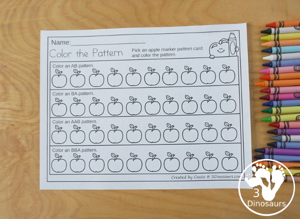 Free Apple Pattern Printable - a great way to work on patterns for the fall with AB and ABC patterns for kids to use with pattern worksheets, pattern grids, continue the pattern for kindergarten and PreK pattern math. - 3Dinosaurs.com