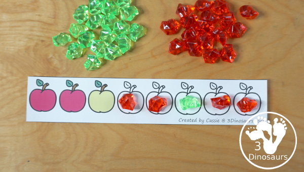 Free Apple Pattern Printable - a great way to work on patterns for the fall with AB and ABC patterns for kids to use with pattern worksheets, pattern grids, continue the pattern for kindergarten and PreK pattern math. - 3Dinosaurs.com