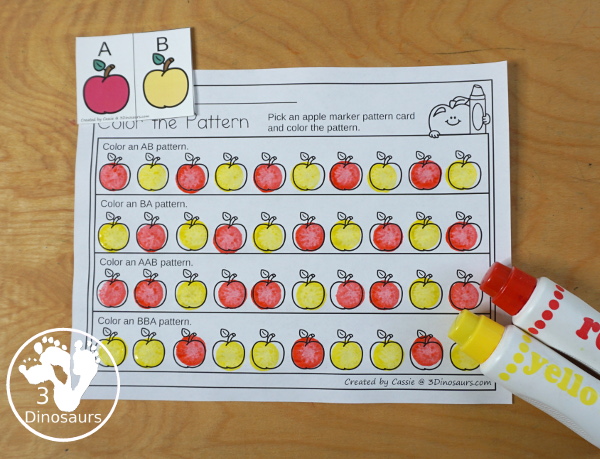 Free Apple Pattern Printable - a great way to work on patterns for the fall with AB and ABC patterns for kids to use with pattern worksheets, pattern grids, continue the pattern for kindergarten and PreK pattern math. - 3Dinosaurs.com