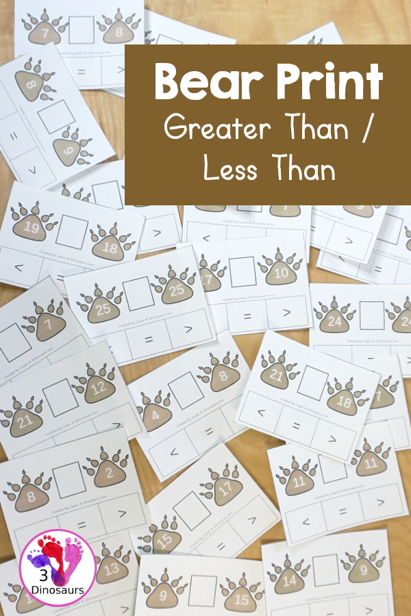 Free Bear Print Greater Than and Less Than Printable - a fun set of cards that work on comparing the numbers with greater than, less than, and equal with numbers 1 to 30 and bear paw counting help for the cards. - 3Dinosaurs.com