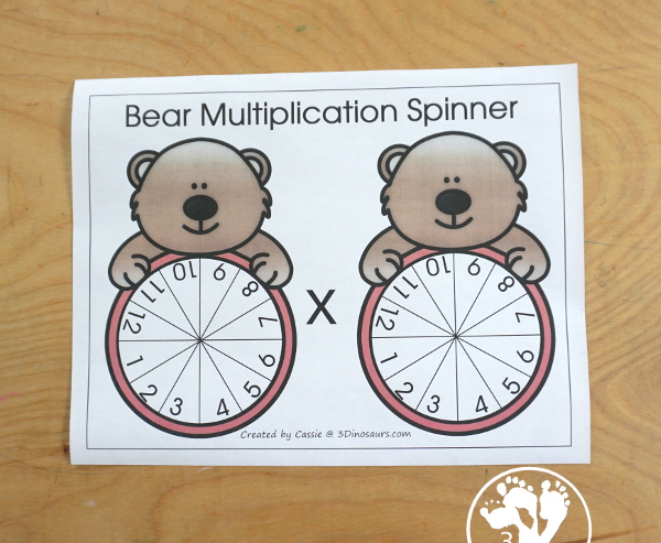 Free Bear Multiplication Chart Printable - with bear spinners with numbers 1 to 12, coloring multiplication chart, and writing multiplication Chart and recording sheet to work on multiplication from 1 to 12 in a fun multiplication center - 3Dinosaurs.com