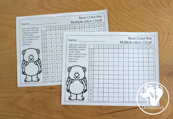 Free Bear Multiplication Chart Printable - with bear spinners with numbers 1 to 12, coloring multiplication chart, and writing multiplication Chart and recording sheet to work on multiplication from 1 to 12 in a fun multiplication center - 3Dinosaurs.com