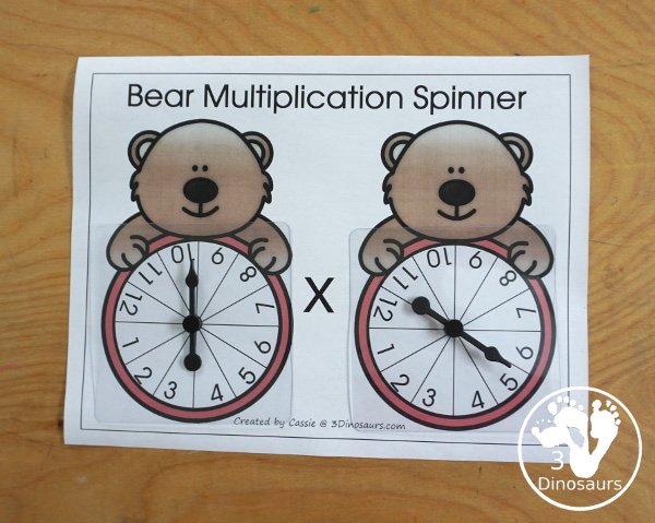 Free Bear Multiplication Chart Printable - with bear spinners with numbers 1 to 12, coloring multiplication chart, and writing multiplication Chart and recording sheet to work on multiplication from 1 to 12 in a fun multiplication center - 3Dinosaurs.com