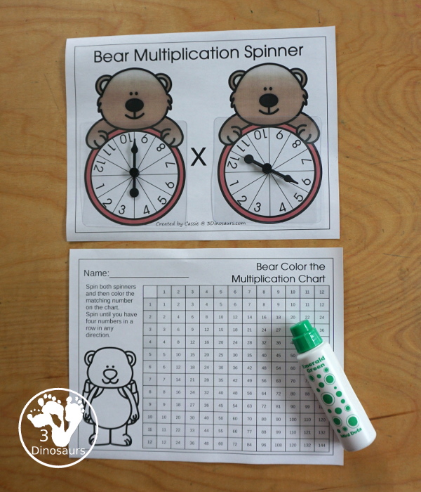 Free Bear Multiplication Chart Printable - with bear spinners with numbers 1 to 12, coloring multiplication chart, and writing multiplication Chart and recording sheet to work on multiplication from 1 to 12 in a fun multiplication center - 3Dinosaurs.com