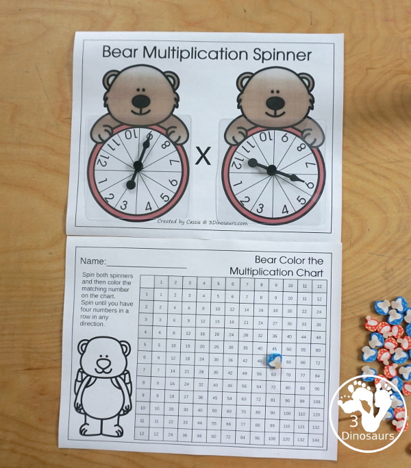 Free Bear Multiplication Chart Printable - with bear spinners with numbers 1 to 12, coloring multiplication chart, and writing multiplication Chart and recording sheet to work on multiplication from 1 to 12 in a fun multiplication center - 3Dinosaurs.com