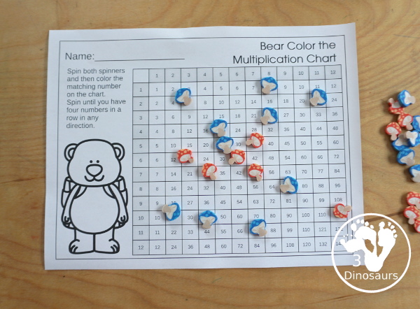 Free Bear Multiplication Chart Printable - with bear spinners with numbers 1 to 12, coloring multiplication chart, and writing multiplication Chart and recording sheet to work on multiplication from 1 to 12 in a fun multiplication center - 3Dinosaurs.com