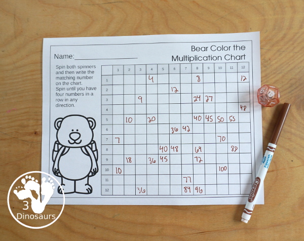 Free Bear Multiplication Chart Printable - with bear spinners with numbers 1 to 12, coloring multiplication chart, and writing multiplication Chart and recording sheet to work on multiplication from 1 to 12 in a fun multiplication center - 3Dinosaurs.com