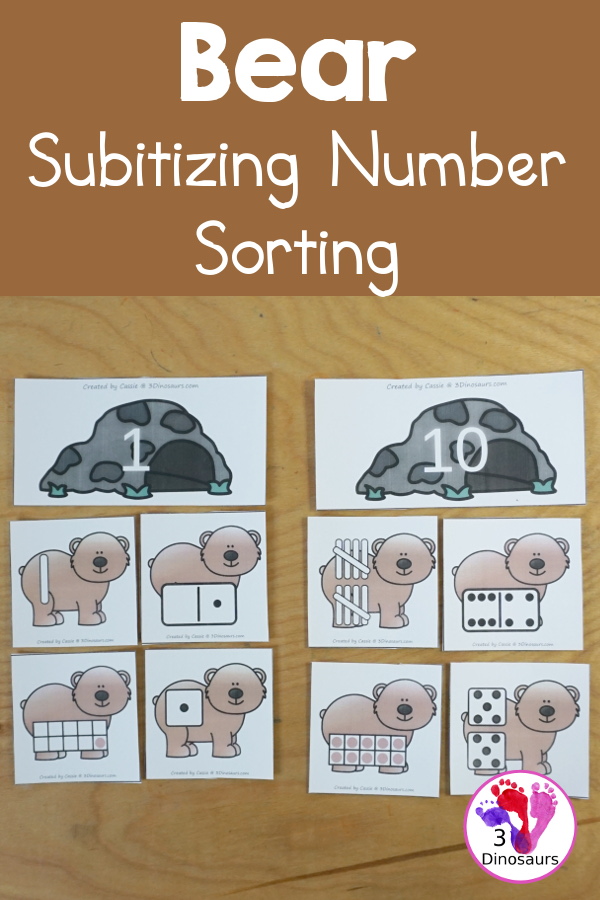 Free Bear Subitizing Number Sorting Printable with a cave with a number and matching bears to sort to the cave with tally marks, ten frames, dice, and dominos for matching - 3Dinosaurs.com