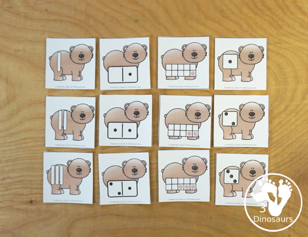 Free Bear Subitizing Number Sorting Printable with a cave with a number and matching bears to sort to the cave with tally marks, ten frames, dice, and dominos for matching - 3Dinosaurs.com