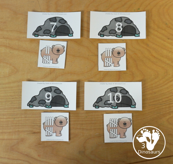 Free Bear Subitizing Number Sorting Printable with a cave with a number and matching bears to sort to the cave with tally marks, ten frames, dice, and dominos for matching - 3Dinosaurs.com