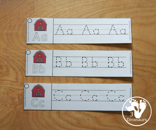 Free Farm ABC Tracing Strips - with uppercase and lowercase together. You have fun kids with a farm barn, plus you can see an example of how to trace the letters - 3Dinosaurs.com