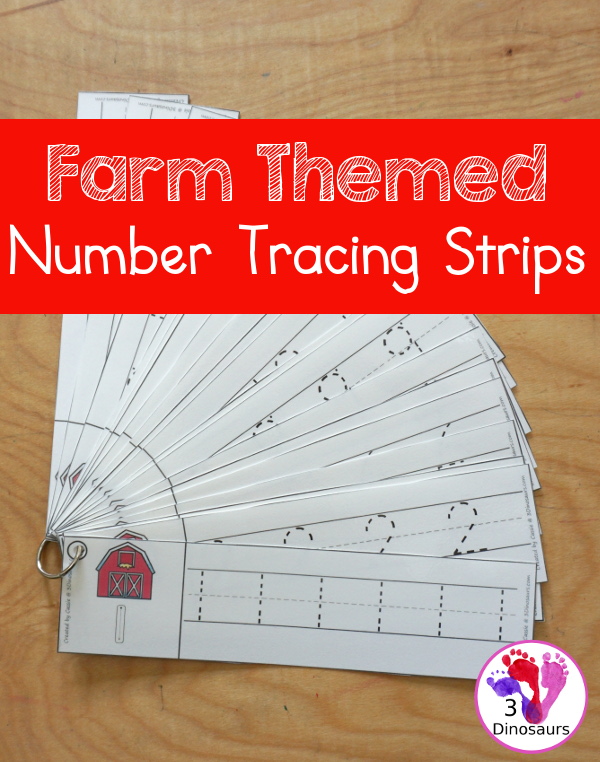 Free Farm Number Tracing Strips - with numbers 0 to 20. A fun farm themed with a barn on each printable number tracing strip - 3Dinosaurs.com