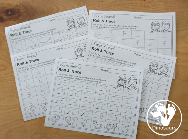 Farm Graphing Set - with graphing, tracing numbers, tracing letters, tracing shapes for kids with a farm animal theme with 45 pages of printable worksheets and dice - 3Dinosaurs.com