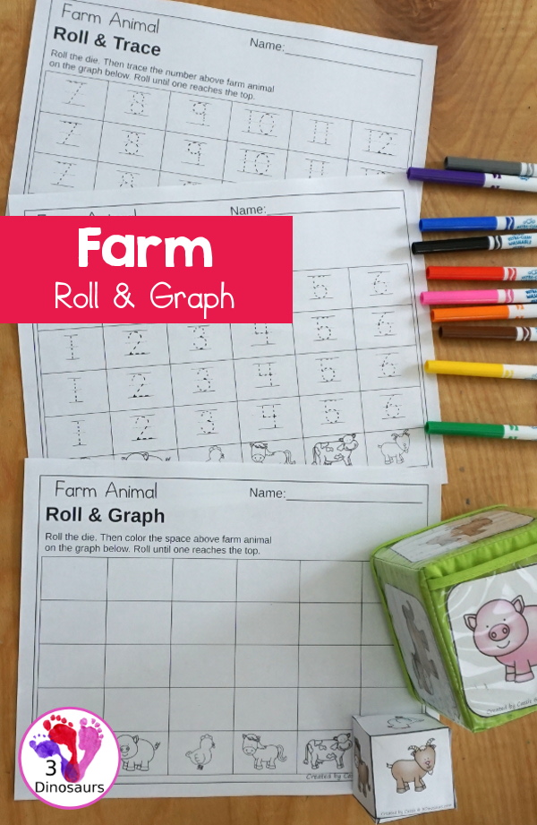  Free Farm Roll & Graph Printable dice and graphing worksheets with graphing and graphing with tracing numbers.- 3Dinosaurs.com