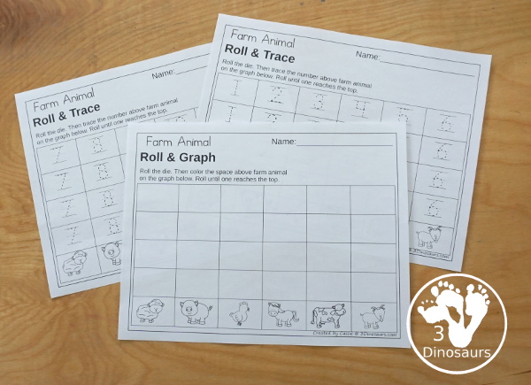  Free Farm Roll & Graph Printable dice and graphing worksheets with graphing and graphing with tracing numbers.- 3Dinosaurs.com