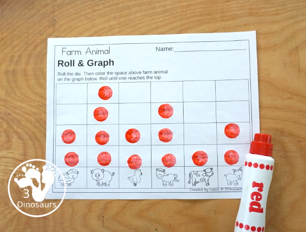  Free Farm Roll & Graph Printable dice and graphing worksheets with graphing and graphing with tracing numbers.- 3Dinosaurs.com