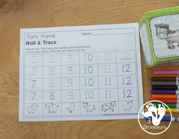  Free Farm Roll & Graph Printable dice and graphing worksheets with graphing and graphing with tracing numbers.- 3Dinosaurs.com