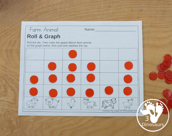  Free Farm Roll & Graph Printable dice and graphing worksheets with graphing and graphing with tracing numbers.- 3Dinosaurs.com