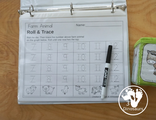  Free Farm Roll & Graph Printable dice and graphing worksheets with graphing and graphing with tracing numbers.- 3Dinosaurs.com