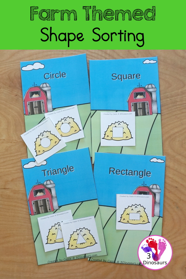 Free Farm Shape Sorting - circle, square, rectangle and triangle with a fun farm theme. You have 4 shape sorting mats and 6 cards for each shape - 3Dinosaurs.com