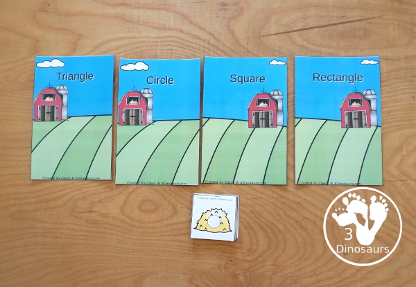 Free Farm Shape Sorting - circle, square, rectangle, and triangle with a fun farm theme. You have 4 shape sorting mats and 6 cards for each shape - 3Dinosaurs.com