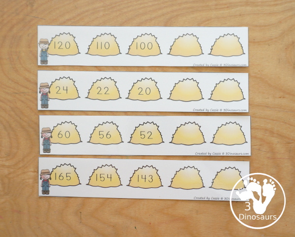 Free Farm Skip Counting Strips & Worksheet - with 4 skip counting strips for each number you are skip counting by with skip counting forward and skip counting backward with a fun recording worksheet for the farm skip counting strips. - 3Dinosaurs.com