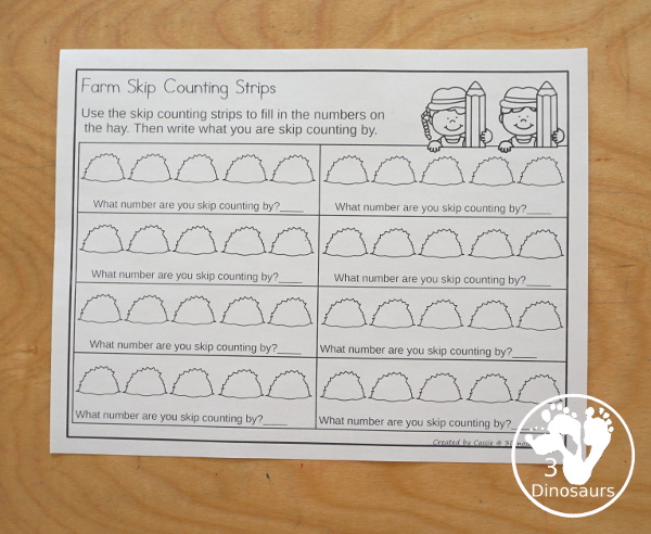 Free Farm Skip Counting Strips & Worksheet - with 4 skip counting strips for each number you are skip counting by with skip counting forward and skip counting backward with a fun recording worksheet for the farm skip counting strips. - 3Dinosaurs.com