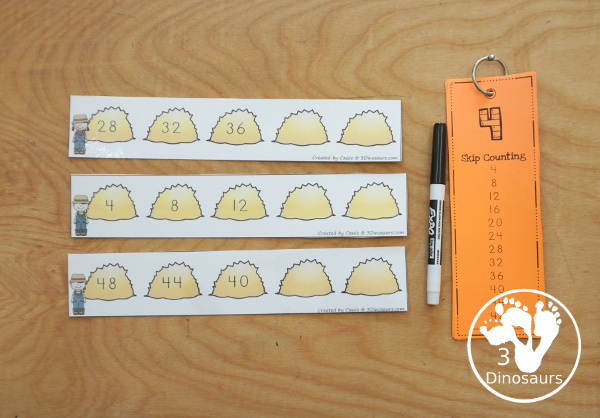 Free Farm Skip Counting Strips & Worksheet - with 4 skip counting strips for each number you are skip counting by with skip counting forward and skip counting backward with a fun recording worksheet for the farm skip counting strips. - 3Dinosaurs.com