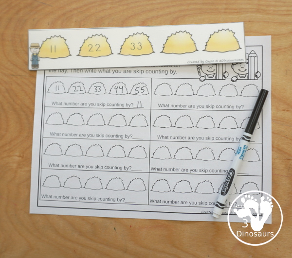 Free Farm Skip Counting Strips & Worksheet - with 4 skip counting strips for each number you are skip counting by with skip counting forward and skip counting backward with a fun recording worksheet for the farm skip counting strips. - 3Dinosaurs.com