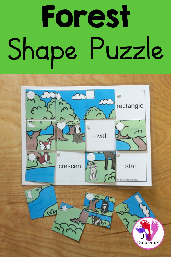 Free Forest Shape Puzzles for kids with matching geometric shape to the shape word on the mat. A great shape and forest printable for kids learning shapes. - 3Dinosaurs.com