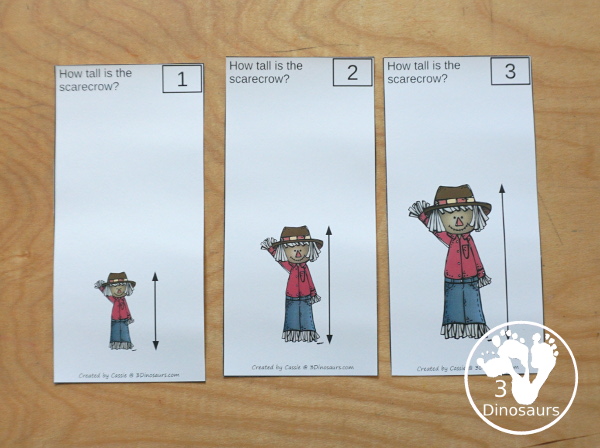 Free Measure the Scarecrow with 6 measuring scarecrow cards and 1 measuring recording worksheet for kids - 3Dinosaurs.com