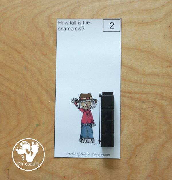 Free Measure the Scarecrow with 6 measuring scarecrow cards and 1 measuring recording worksheet for kids - 3Dinosaurs.com