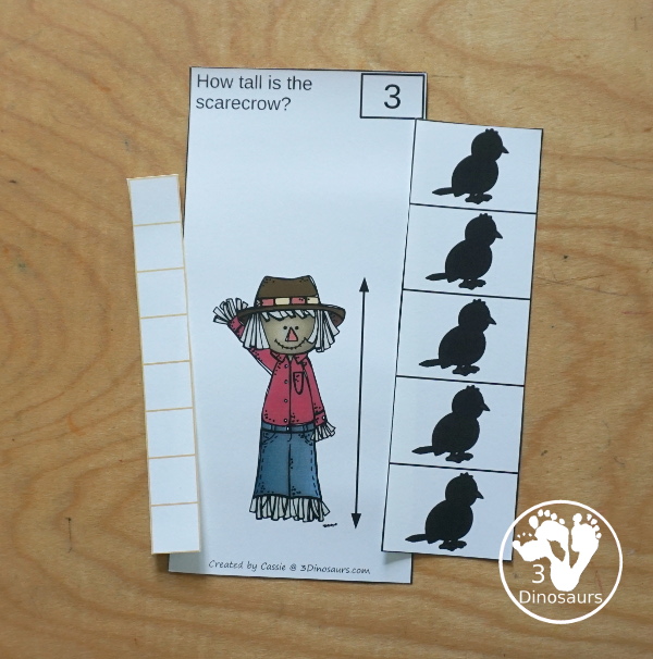 Free Measure the Scarecrow with 6 measuring scarecrow cards and 1 measuring recording worksheet for kids - 3Dinosaurs.com