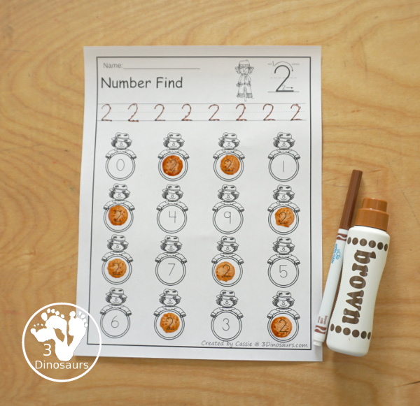 Scarecrow Number Find Printable with racing number and finding number with numerical number and number word options - 3Dinosaurs.com