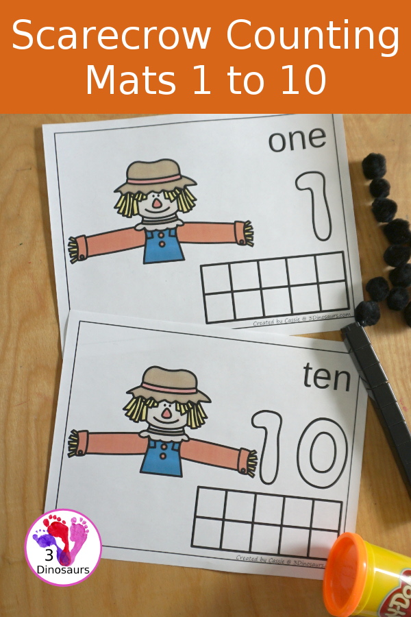 Free Scarecrow Counting Mats 1 to 10 - with ten counting mats - you have one mat for each number to work on one at at time with ten frame, counting area, and playdough number. - 3Dinosaurs.com