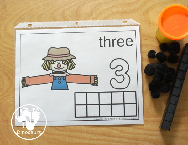 Free Scarecrow Counting Mats 1 to 10 - with ten counting mats - you have one mat for each number to work on one at at time with ten frames, counting area, and playdough number. - 3Dinosaurs.com