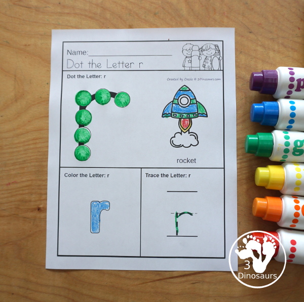 ABC Dot the Letter, Color the Letter & Trace the Letter - a fun letter worksheets with one letter on each page with a dot marker letter, a letter to color and a letter to trace, with a picture matching the beginning sound of the letter and the word for the picture - 3Dinosaurs.com