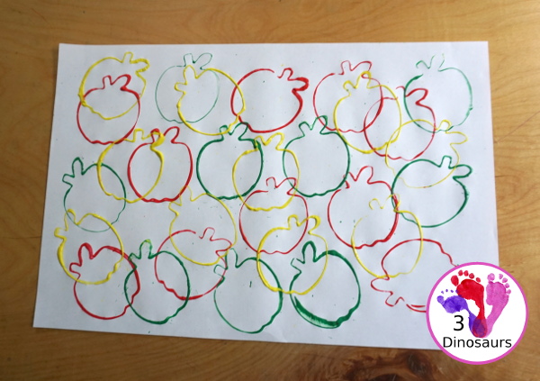 Apple Stamp Painting for Kids - a fun cookie cutter painting idea for apples with red, green and yellow paint - 3Dinosaurs.com