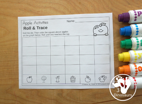 Apple Roll & Graph With Trace Letters, Numbers & Shapes with a folding die and cube die with a graphing sheet, graphing with tracing numbers, graphing with tracing letters and graphing with tracing shapes. All with a fun apple theme for fall for prek and kindergarten - 3Dinosaurs.com