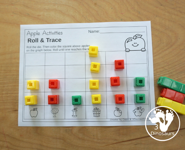 Apple Roll & Graph With Trace Letters, Numbers & Shapes with a folding die and cube die with a graphing sheet, graphing with tracing numbers, graphing with tracing letters and graphing with tracing shapes. All with a fun apple theme for fall for prek and kindergarten - 3Dinosaurs.com