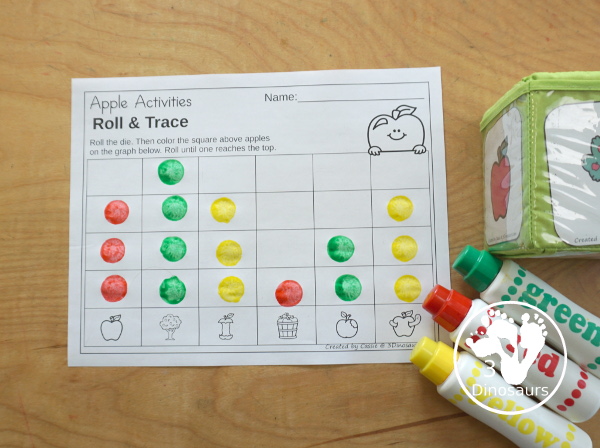 Apple Roll & Graph With Trace Letters, Numbers & Shapes with a folding die and cube die with a graphing sheet, graphing with tracing numbers, graphing with tracing letters and graphing with tracing shapes. All with a fun apple theme for fall for prek and kindergarten - 3Dinosaurs.com