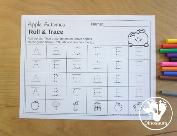 Apple Roll & Graph With Trace Letters, Numbers & Shapes with a folding die and cube die with a graphing sheet, graphing with tracing numbers, graphing with tracing letters and graphing with tracing shapes. All with a fun apple theme for fall for prek and kindergarten - 3Dinosaurs.com