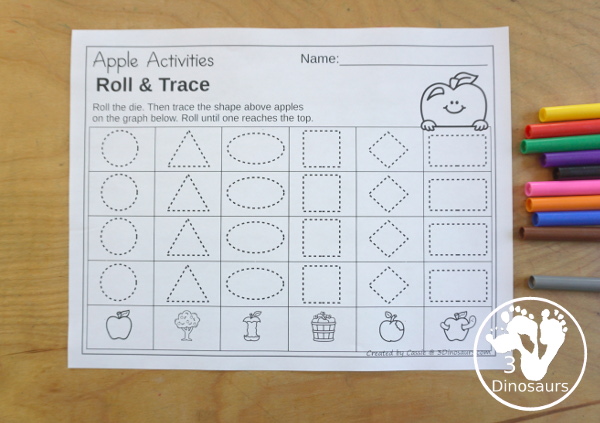 Apple Roll & Graph With Trace Letters, Numbers & Shapes with a folding die and cube die with a graphing sheet, graphing with tracing numbers, graphing with tracing letters and graphing with tracing shapes. All with a fun apple theme for fall for prek and kindergarten - 3Dinosaurs.com