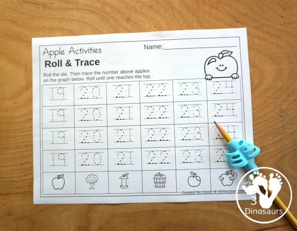 Apple Roll & Graph With Trace Letters, Numbers & Shapes with a folding die and cube die with a graphing sheet, graphing with tracing numbers, graphing with tracing letters and graphing with tracing shapes. All with a fun apple theme for fall for prek and kindergarten - 3Dinosaurs.com