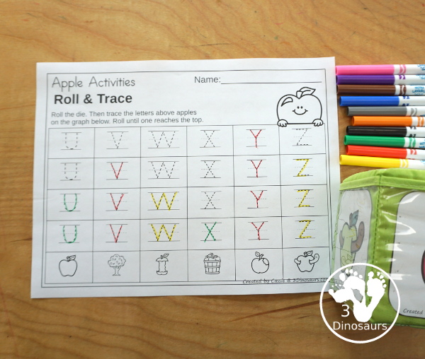 Apple Roll & Graph With Trace Letters, Numbers & Shapes with a folding die and cube die with a graphing sheet, graphing with tracing numbers, graphing with tracing letters and graphing with tracing shapes. All with a fun apple theme for fall for prek and kindergarten - 3Dinosaurs.com