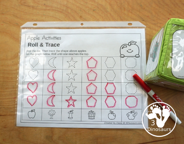 Apple Roll & Graph With Trace Letters, Numbers & Shapes with a folding die and cube die with a graphing sheet, graphing with tracing numbers, graphing with tracing letters and graphing with tracing shapes. All with a fun apple theme for fall for prek and kindergarten - 3Dinosaurs.com